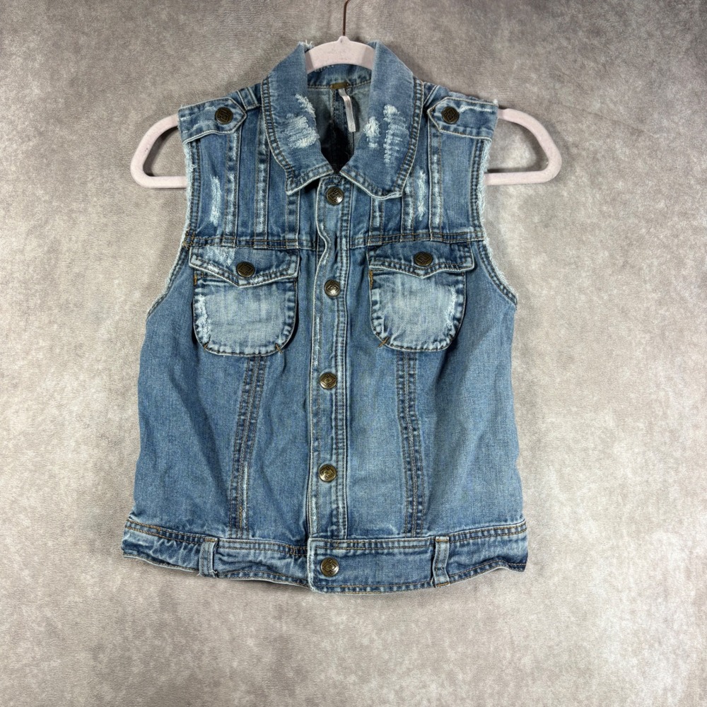 Free People Denim Vest Womens Size XS Blue Crochet Back Distressed Boho Festival